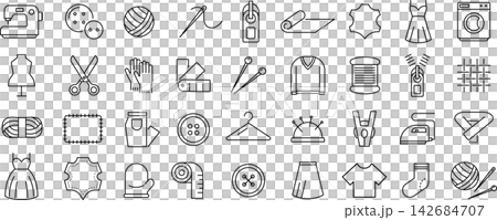 Set of monochrome line icons about sewing in vector 142684707