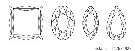 Princess, Oval, Pear, Marquise diamond cut shapes set. Design diagrams. Pear, Princess, Oval, Marquis brilliant cut icons. Gemstone outline patterns for jewellery design, branding, packaging, logos. Princess, Oval, Pear, Marquise diamond cut shapes set. Design diagrams. Pear, Princess, Oval, Marquis brilliant cut icons. Gemstone outline patterns for jewellery design, branding, packaging, logos. 142684928