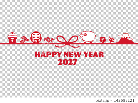 New Year's Cards 2027: New Year's card materials - Illustrations of sheep and auspicious symbols (sheep, daruma doll, Mt. Fuji, pine, bamboo, plum blossoms) 142685121