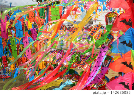 Colorful Handmade Kites at Outdoor Festival Market Colorful Handmade Kites at Outdoor Festival Market 142686083