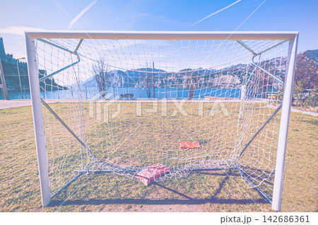Soccer Goal on Lakeside Field with Mountain View 142686361