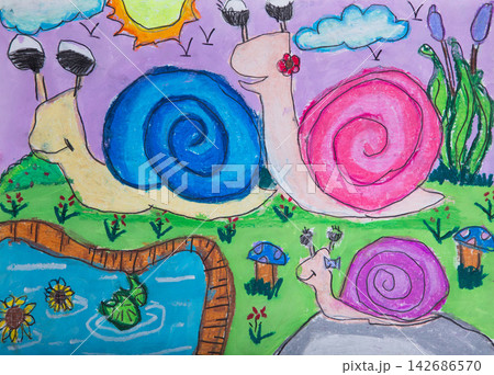 Colorful Snail Garden Childlike Crayon Illustration Colorful Snail Garden Childlike Crayon Illustration 142686570