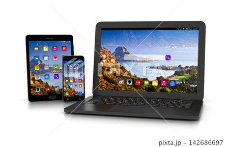 Digital Devices with Apps on Laptop, Tablet, and Smartphone Digital Devices with Apps on Laptop, Tablet, and Smartphone 142686697