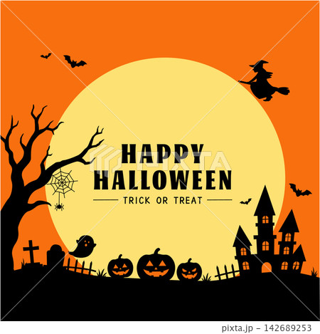 ハロウィン バナー ジャック・オ・ランタン、魔女、おばけ、館、コウモリ、月のイラスト シルエット ハロウィン バナー ジャック・オ・ランタン、魔女、おばけ、館、コウモリ、月のイラスト シルエット 142689253