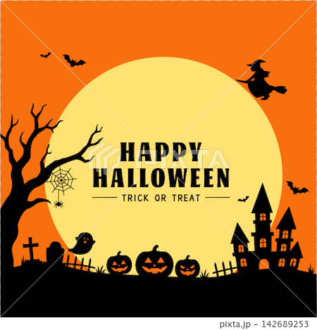ハロウィン バナー ジャック・オ・ランタン、魔女、おばけ、館、コウモリ、月のイラスト シルエット ハロウィン バナー ジャック・オ・ランタン、魔女、おばけ、館、コウモリ、月のイラスト シルエット 142689253