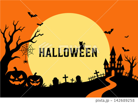ハロウィン バナー ジャック・オ・ランタン、魔女、おばけ、館、コウモリ、月のイラスト シルエット ハロウィン バナー ジャック・オ・ランタン、魔女、おばけ、館、コウモリ、月のイラスト シルエット 142689258