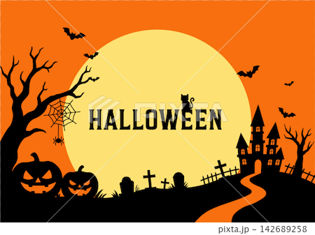 ハロウィン バナー ジャック・オ・ランタン、魔女、おばけ、館、コウモリ、月のイラスト シルエット ハロウィン バナー ジャック・オ・ランタン、魔女、おばけ、館、コウモリ、月のイラスト シルエット 142689258