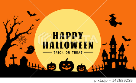 Halloween Banner: Illustrations and silhouettes of Jack-o'-lanterns, witches, ghosts, mansions, bats, and the moon. Halloween Banner: Illustrations and silhouettes of Jack-o'-lanterns, witches, ghosts, mansions, bats, and the moon. 142689259