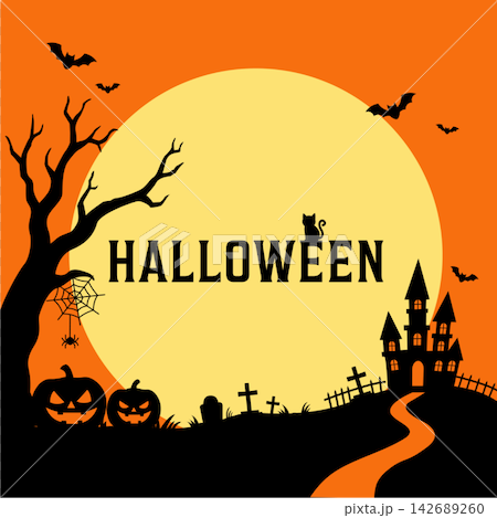 Halloween Banner: Illustrations and silhouettes of Jack-o'-lanterns, witches, ghosts, mansions, bats, and the moon. Halloween Banner: Illustrations and silhouettes of Jack-o'-lanterns, witches, ghosts, mansions, bats, and the moon. 142689260