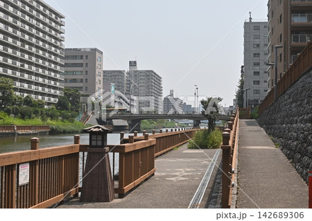 川沿いに整備された綺麗な親水テラスと都市のマンション群の風景 142689306