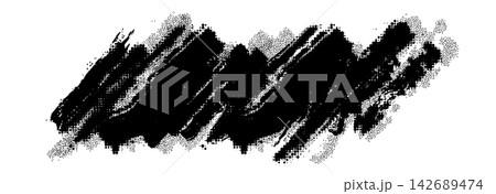 Grunge brush stroke background. Abstract distorted halftone paint texture frame. Rough edges distressed dotted strokes overlay. Rolled stamp ink dynamic scratch backdrop. Vector banner wallpaper Grunge brush stroke background. Abstract distorted halftone paint texture frame. Rough edges distressed dotted strokes overlay. Rolled stamp ink dynamic scratch backdrop. Vector banner wallpaper 142689474