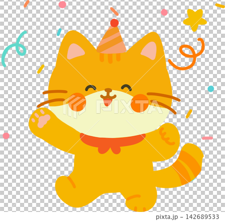 Orange Cat Celebrating in Party Hat Orange Cat Celebrating in Party Hat 142689533
