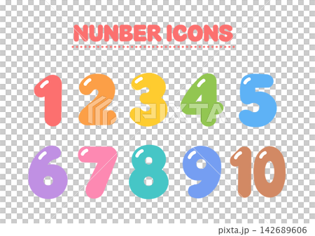 カラフルな数字アイコンのイラスト　ナンバーアイコン　数字のアイコン　カラフル 142689606