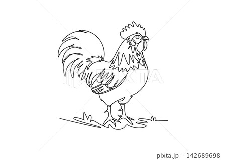 Single one line drawing majestic farm rooster standing upright with a curved tail, plumage, and comb. Rural dawn, poultry livestock, farm life. Continuous line draw design graphic vector illustration 142689698