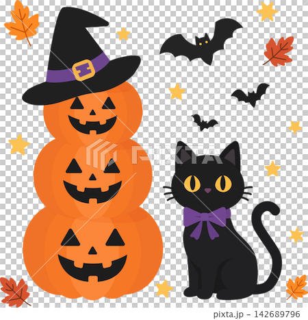 じむらむばーぼん　クロ魔女猫　＋　白かぼちゃ かわいい黒猫とかぼちゃのイラスト素材 [142689796] - PIXTA