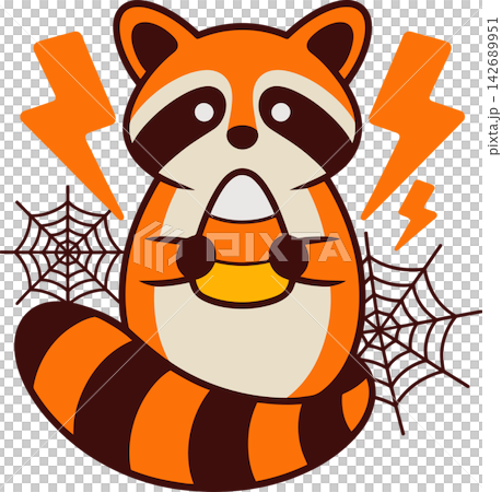 Cute Halloween Raccoon with Lightning and Spider Webs Illustration Cute Halloween Raccoon with Lightning and Spider Webs Illustration 142689951