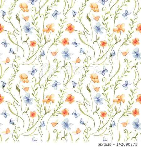 Charming watercolor seamless pattern with small wildflower and butterfly isolated. Delicate floral background with orange and blue blossom hand drawn. Floral repeat liberty style for kids' bedding. Charming watercolor seamless pattern with small wildflower and butterfly isolated. Delicate floral background with orange and blue blossom hand drawn. Floral repeat liberty style for kids' bedding. 142690273