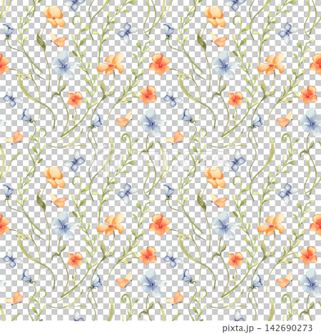Charming watercolor seamless pattern with small wildflower and butterfly isolated. Delicate floral background with orange and blue blossom hand drawn. Floral repeat liberty style for kids' bedding. Charming watercolor seamless pattern with small wildflower and butterfly isolated. Delicate floral background with orange and blue blossom hand drawn. Floral repeat liberty style for kids' bedding. 142690273