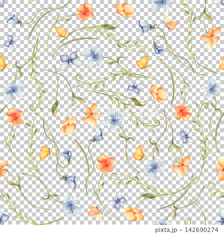 Delicate watercolor seamless pattern with cute flowers and little butterfly isolated. Spring floral textile print orange and blue blooms. Ditsy floral repeat for home textile rustic style. 142690274