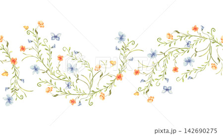 Watercolor seamless floral garland with cute orange and blue flower and little butterfly isolated. Delicate rustic blossom border repeat for kitchenware. Endless design for country style tableware. Watercolor seamless floral garland with cute orange and blue flower and little butterfly isolated. Delicate rustic blossom border repeat for kitchenware. Endless design for country style tableware. 142690275