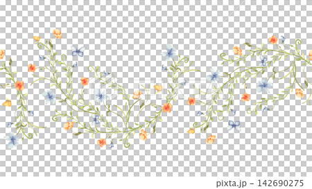 Watercolor seamless floral garland with cute orange and blue flower and little butterfly isolated. Delicate rustic blossom border repeat for kitchenware. Endless design for country style tableware. Watercolor seamless floral garland with cute orange and blue flower and little butterfly isolated. Delicate rustic blossom border repeat for kitchenware. Endless design for country style tableware. 142690275