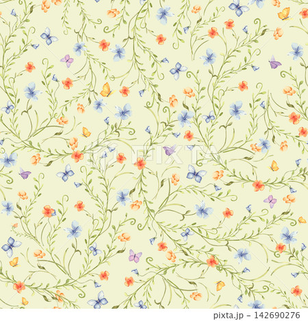 Seamless watercolor ditsy pattern with cute small flower on delicate vine and butterfly on light background. Rustic floral ornament with tiny blossom hand painted. Repeat design for kids textiles. Seamless watercolor ditsy pattern with cute small flower on delicate vine and butterfly on light background. Rustic floral ornament with tiny blossom hand painted. Repeat design for kids textiles. 142690276
