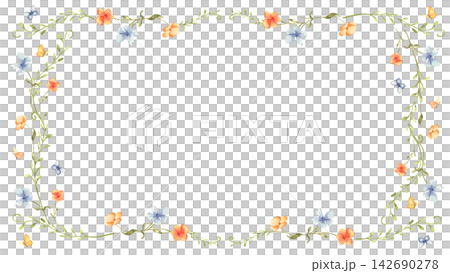 Watercolor floral border with cute orange and blue tiny flower and butterfly isolated. Delicate spring blossom on thin stems hand drawn. Elegant floral frame with copy space for design packaging. Watercolor floral border with cute orange and blue tiny flower and butterfly isolated. Delicate spring blossom on thin stems hand drawn. Elegant floral frame with copy space for design packaging. 142690278