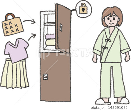 健康診断や検査での着替えの手書き風フルカラーイラスト（私服をロッカーに入れ検査着に着替える・健診・人 142691083