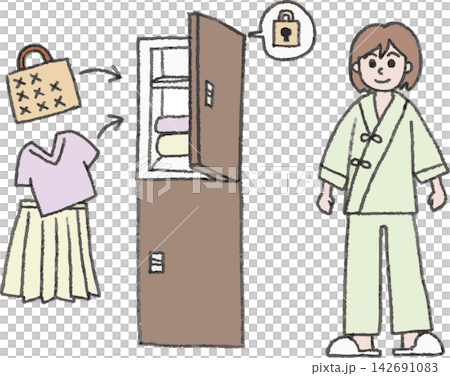 健康診断や検査での着替えの手書き風フルカラーイラスト（私服をロッカーに入れ検査着に着替える・健診・人 142691083