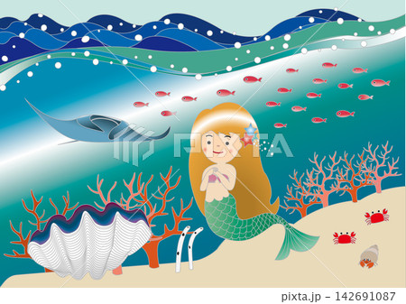 人魚姫と海の世界のファンタジーイラスト背景／マーメイド・サンゴ・水族館・夏・素材 142691087