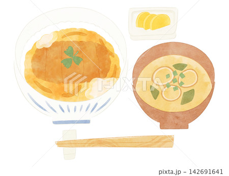 かつ丼と味噌汁のイラスト 水彩風 かつ丼と味噌汁のイラスト 水彩風 142691641