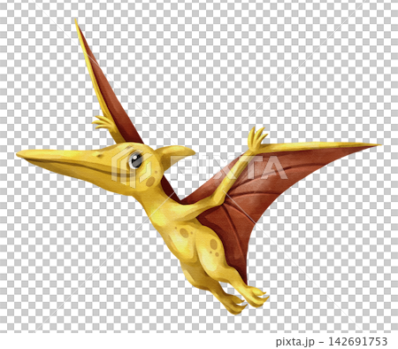 Watercolor pteranodon flying dinosaur isolated PNG illustration, featuring a cute hand-drawn yellow pterosaur prehistoric creature character on a transparent background. Watercolor pteranodon flying dinosaur isolated PNG illustration, featuring a cute hand-drawn yellow pterosaur prehistoric creature character on a transparent background. 142691753