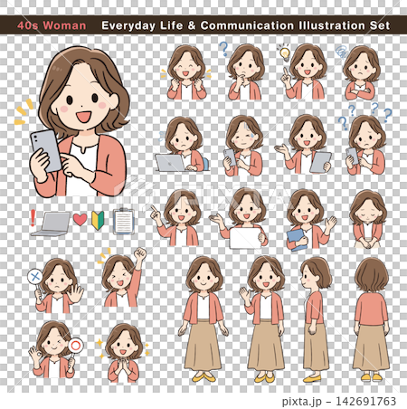 A set of illustrations depicting the daily life and communication of a woman in her 40s. 142691763