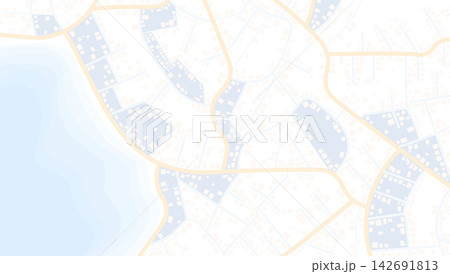 Top down view of coastal city map with streets and building zones in pale colors. Vector illustration. Top down view of coastal city map with streets and building zones in pale colors. Vector illustration. 142691813