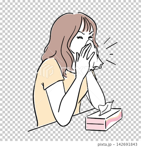 女人擤鼻涕；感冒或花粉症的症狀。 142691843