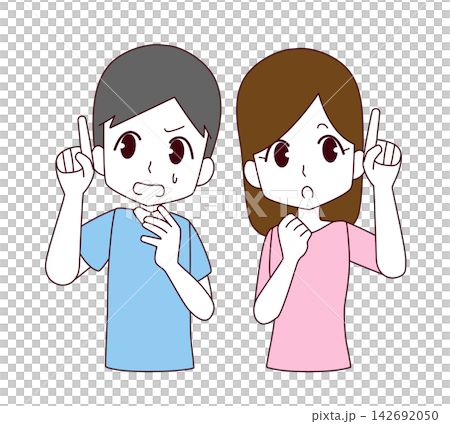 上を向いて指をさす男女のイラストセット 142692050