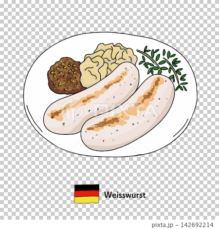 お皿に乗ったヴァイスヴルストのイラスト ドイツの伝統的な白ソーセージ素材 お皿に乗ったヴァイスヴルストのイラスト ドイツの伝統的な白ソーセージ素材 142692214