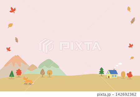 山と小さな家とキツネの秋の夕空背景イラスト 142692362