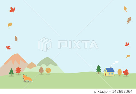 山と小さな家とキツネの秋の青空背景イラスト 山と小さな家とキツネの秋の青空背景イラスト 142692364