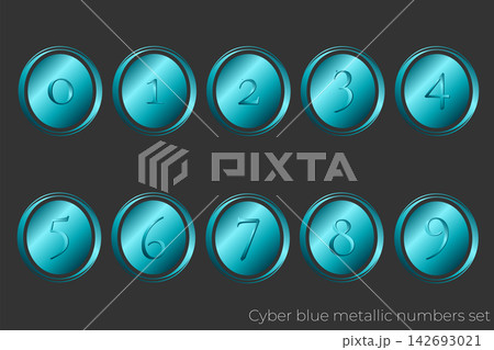 高級感のあるサイバーブルーの数字（0〜9）サークルフレーム・バッジ風デザインパーツセット 142693021