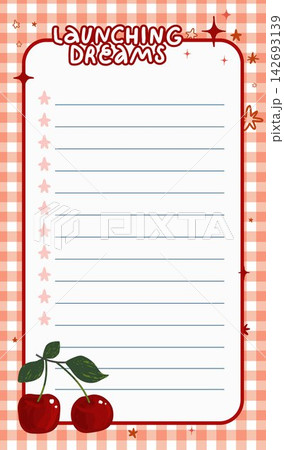 Launching dreams note page with cherries stars and peach gingham border in hand drawn vector style Launching dreams note page with cherries stars and peach gingham border in hand drawn vector style 142693139