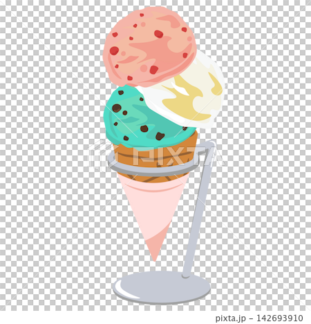 アイススタンドとコーンスリーブ付き3段アイスのイラスト アイススタンドとコーンスリーブ付き3段アイスのイラスト 142693910
