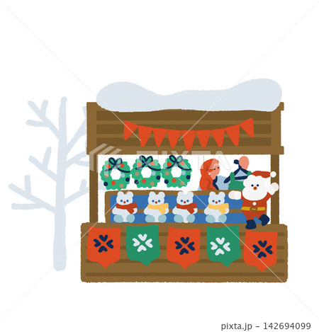 リースと雪だるま人形が並ぶクリスマスマーケットの屋台イラスト リースと雪だるま人形が並ぶクリスマスマーケットの屋台イラスト 142694099