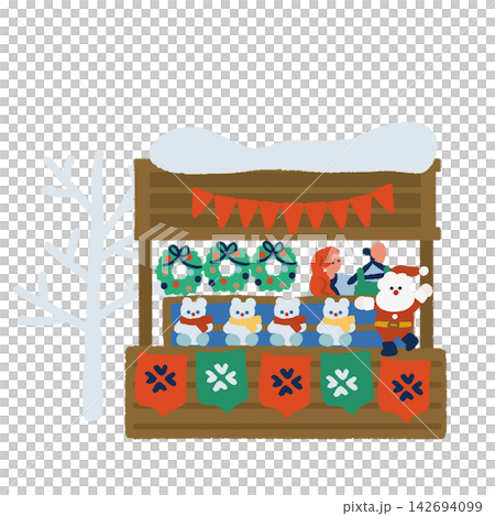 リースと雪だるま人形が並ぶクリスマスマーケットの屋台イラスト リースと雪だるま人形が並ぶクリスマスマーケットの屋台イラスト 142694099