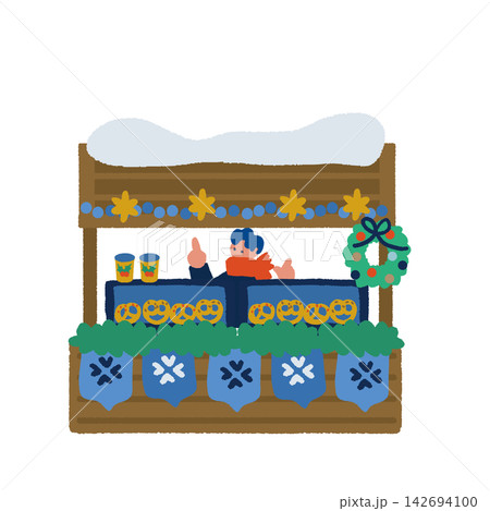 プレッツェルを売る販売員とリースのあるクリスマスマーケットの屋台イラスト プレッツェルを売る販売員とリースのあるクリスマスマーケットの屋台イラスト 142694100