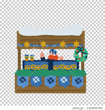プレッツェルを売る販売員とリースのあるクリスマスマーケットの屋台イラスト プレッツェルを売る販売員とリースのあるクリスマスマーケットの屋台イラスト 142694100