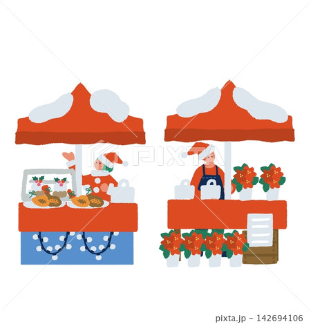 ポインセチアとチキンが並ぶ2つのクリスマス屋台イラスト 142694106