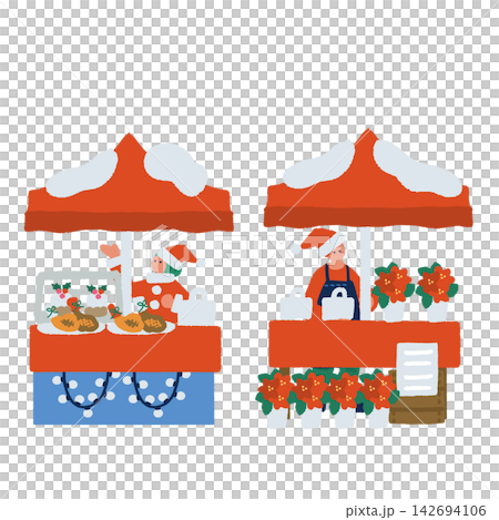 An illustration of two Christmas stalls featuring poinsettias and chickens. An illustration of two Christmas stalls featuring poinsettias and chickens. 142694106
