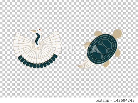 復古現代風格的鶴與龜插圖 復古現代風格的鶴與龜插圖 142694245