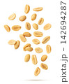 Salted peanuts flying close-up on a white background. Isolated 142694287
